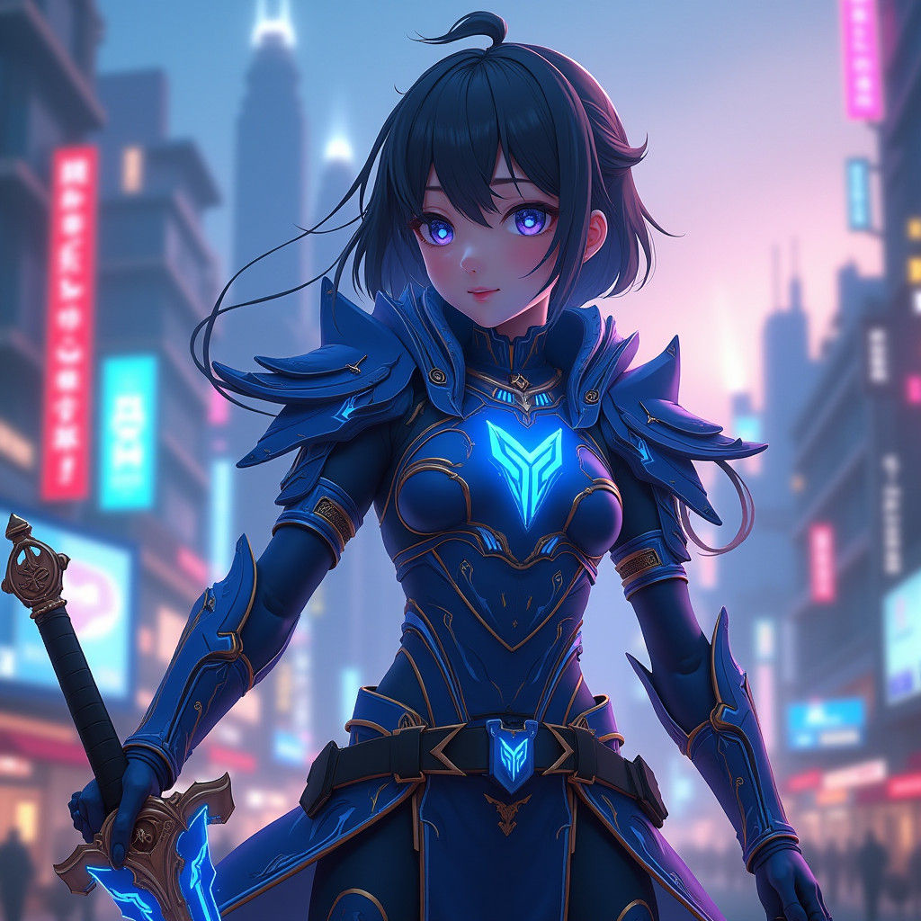 Futuristic Girl Warrior in Neon Cityscape, Concept Art