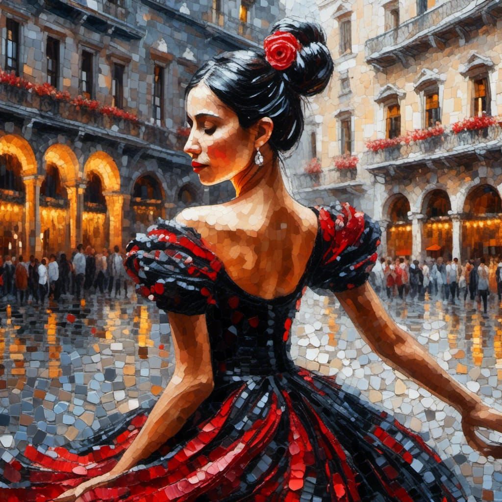 Flamenco Dancer in Medieval Spanish Plaza