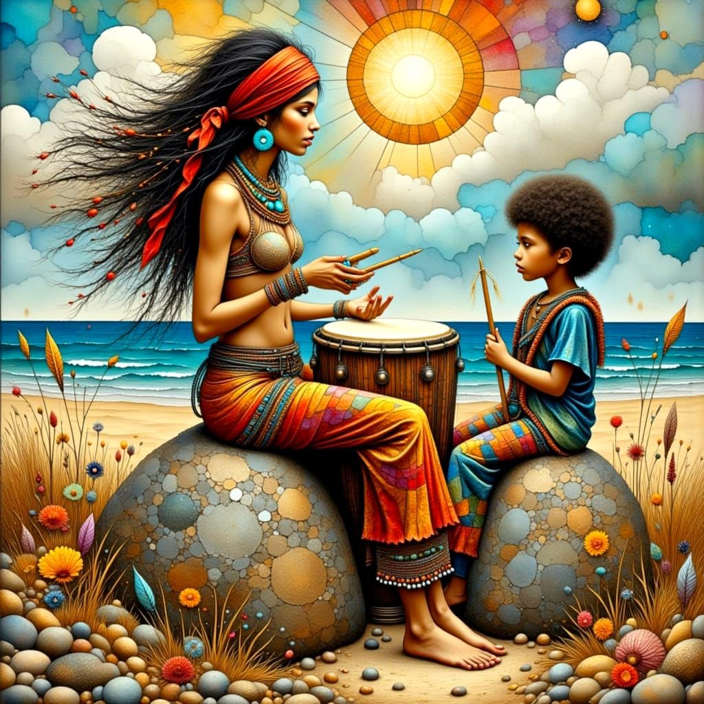 Stylish Boho Woman Plays Bongo Drums on Beach Boulder