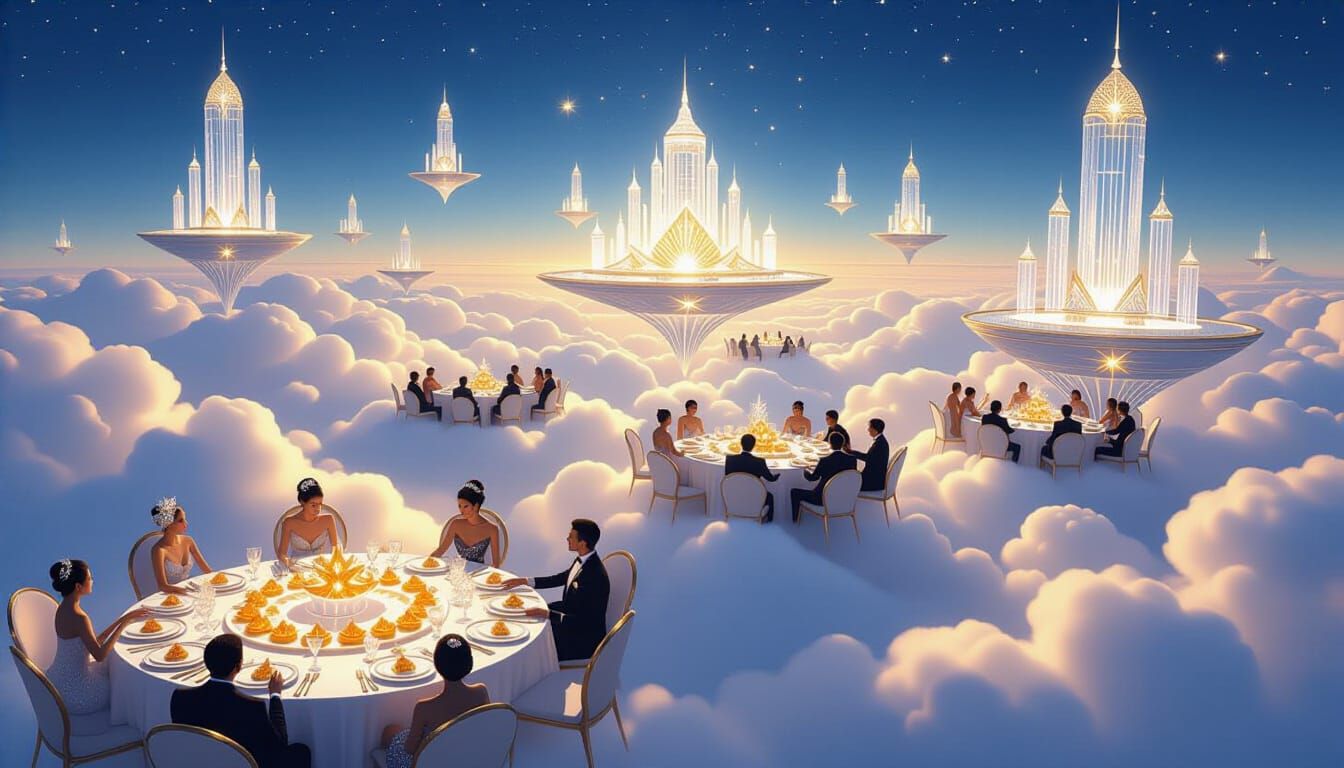 Celestial Feast in Floating City, Art Deco Fantasy Style