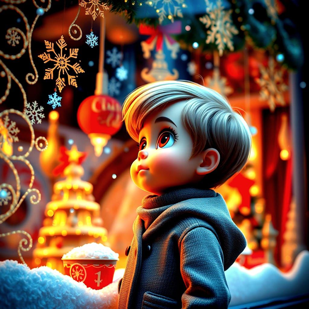 Pixar-Style Baby Girl Gazing at Christmas Shop