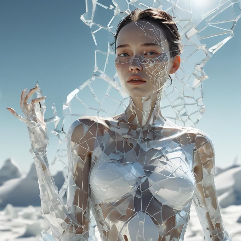 cracked ruptured broken glad sculpture of Young slim woman w...