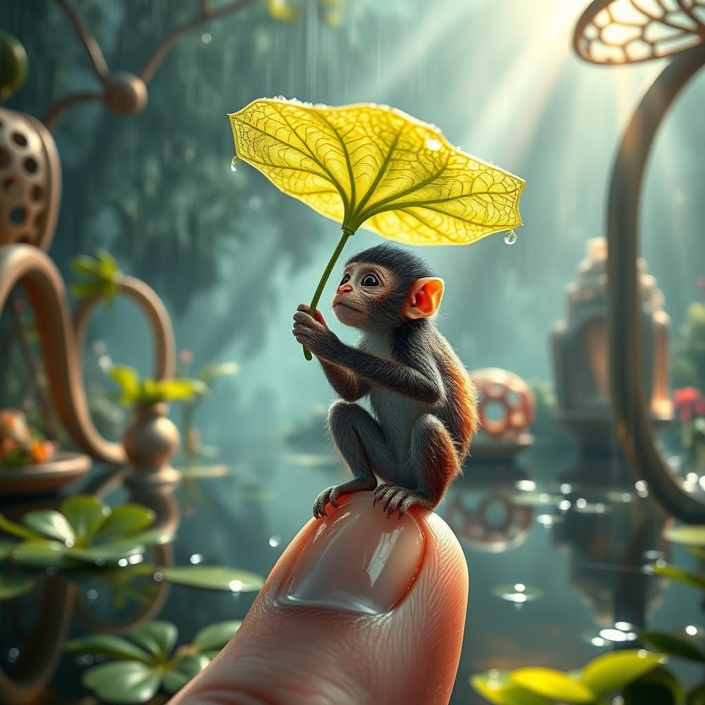 Whimsical Thumb-Sized Peacock Monkey Under Morning Sun