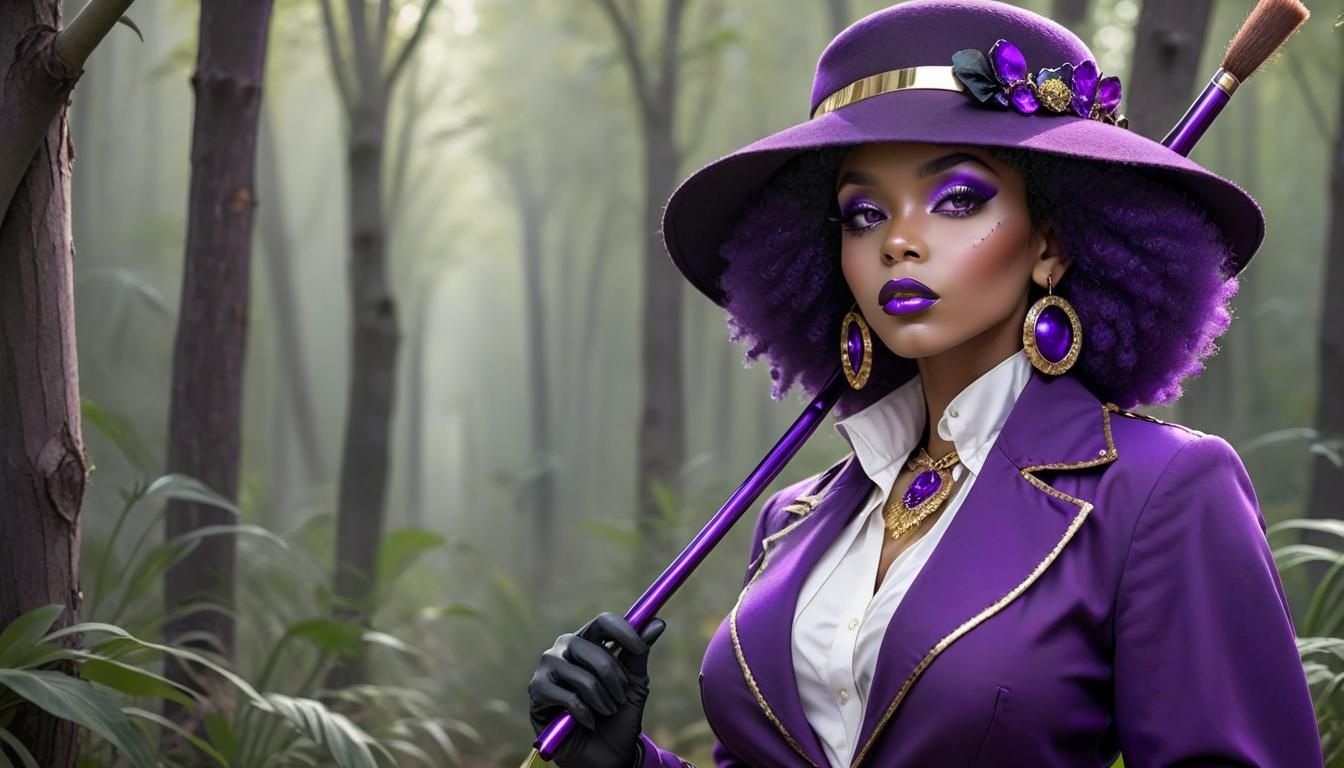 Elegant Afro Woman with Silver Hat and Violet Cane