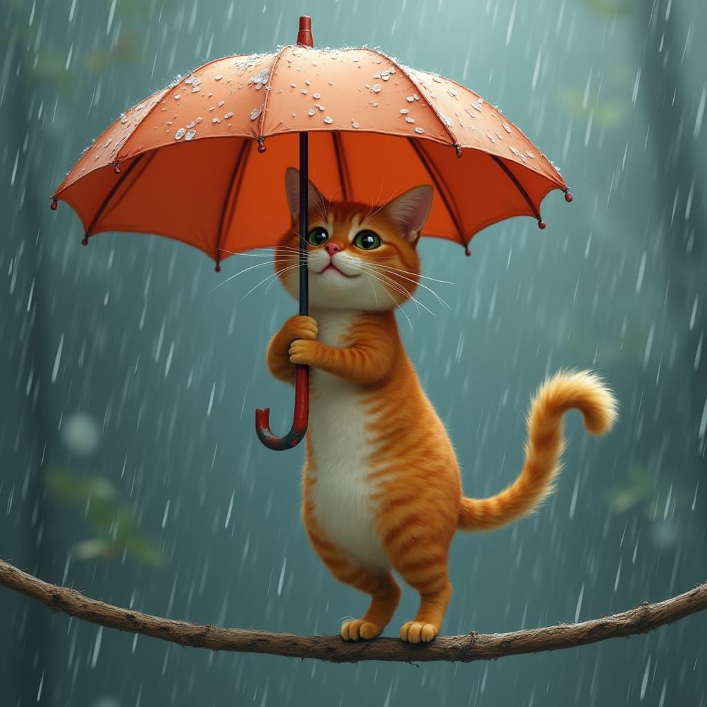 Whimsical Feline Balancing Act in Rainy Weather