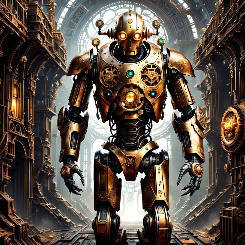 walking robot fantasy, ancient, hyperdetailed, brilliant lighting, intricate details, glimmering, golden ratio, copper, ...