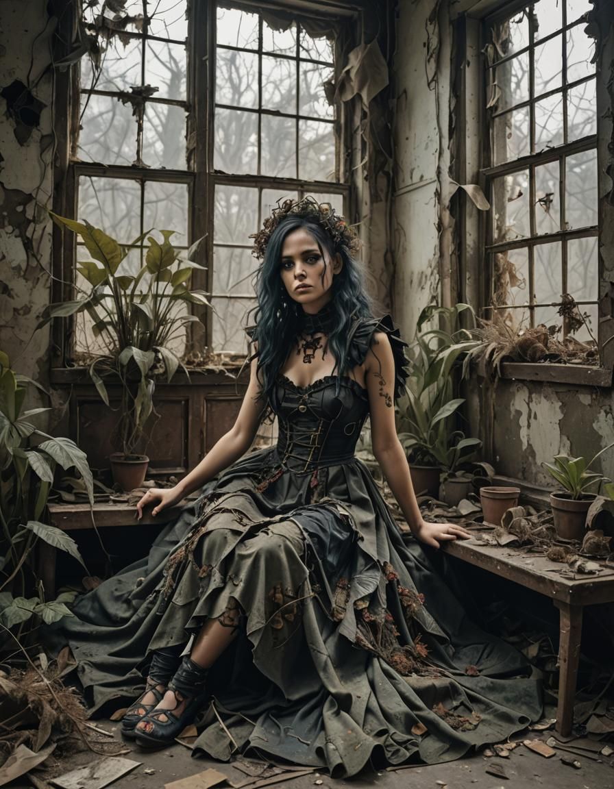 Steampunk Woman in Decadent Apocalyptic Bedroom