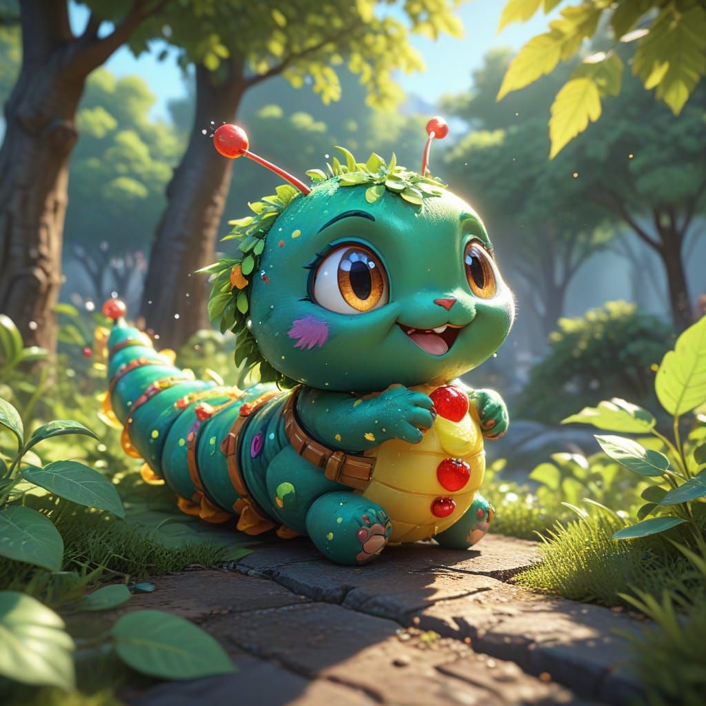 Cartoon Caterpillar Enjoys Fruit: 3D Anime Art
