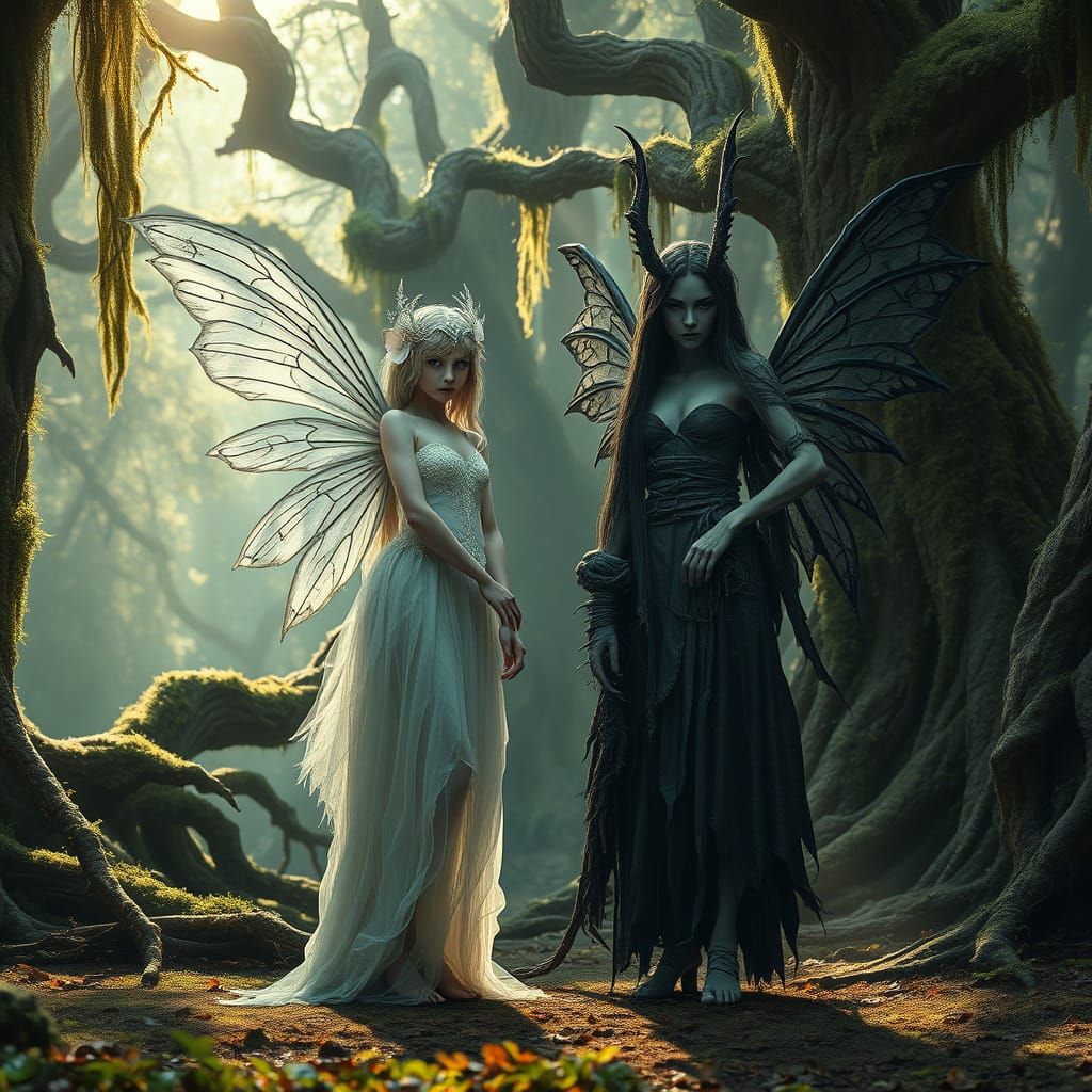 Ethereal and Dark Fairies in a Mystical Forest