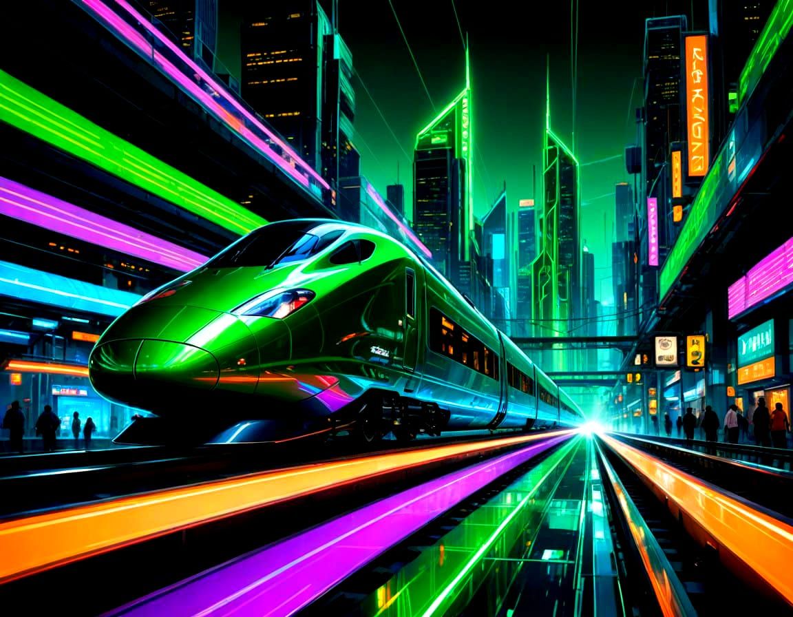 Hypermodern Bullet Train Plunges Through Futuristic Green Ma...