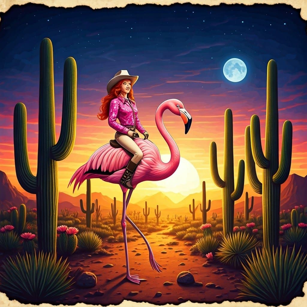 Cowgirl Rides Flamingo in Desert: Golden Age Illustration