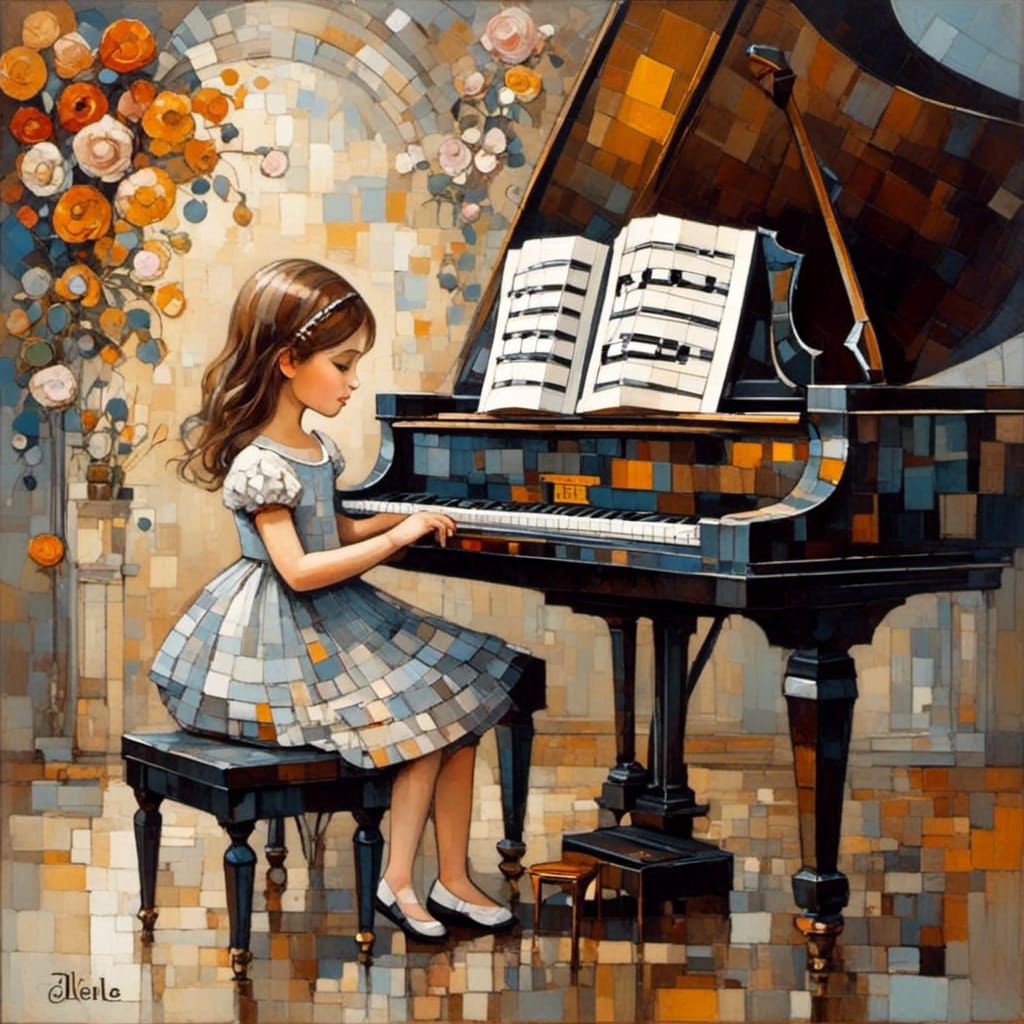 Cubist Mother Teaches Piano in Art Nouveau Style