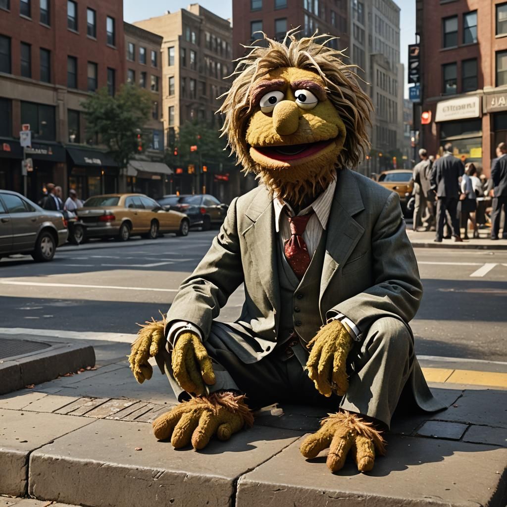 Worried Muppet in Cityscape: Detailed Matte Painting