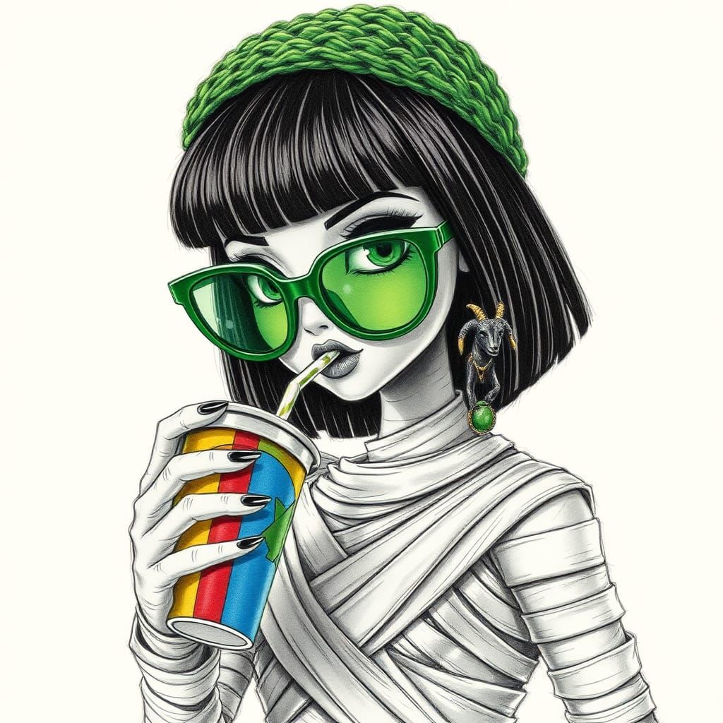 High-Fashion Egyptian Mummy Barbie Pencil Sketch