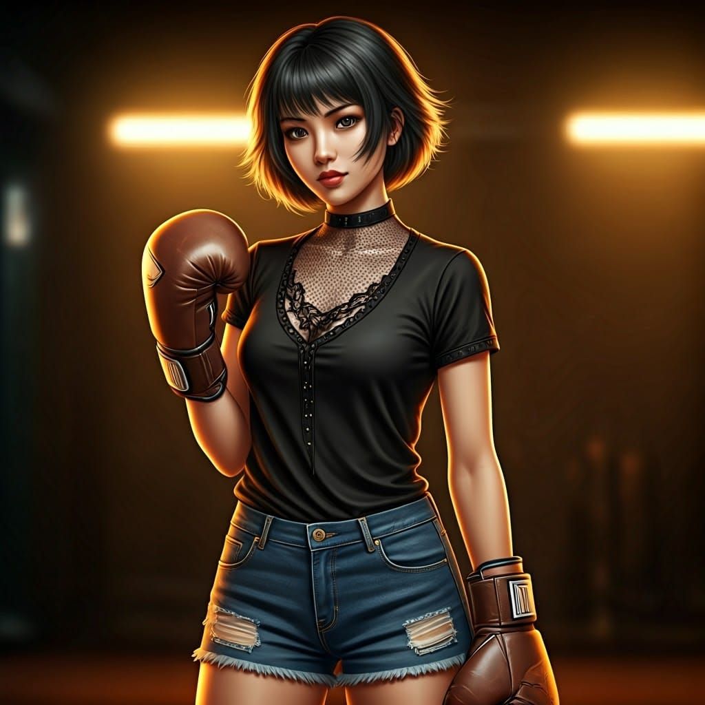 Gothic Muay Thai Fighter in Cyberpunk Boxing Gym