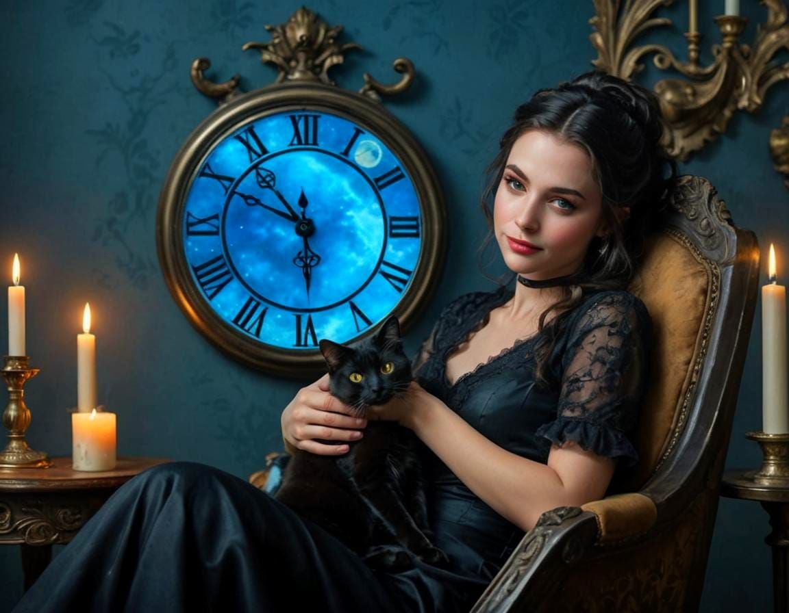 Enchantress Relaxing with Black Cat: 8K Digital Art