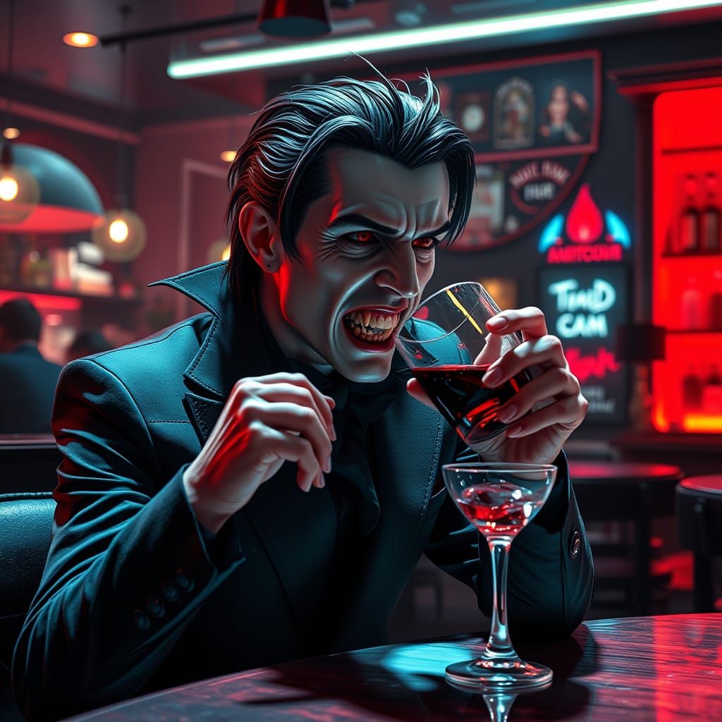 Sleek Vampire Sips Artisanal Blood in Modern Café