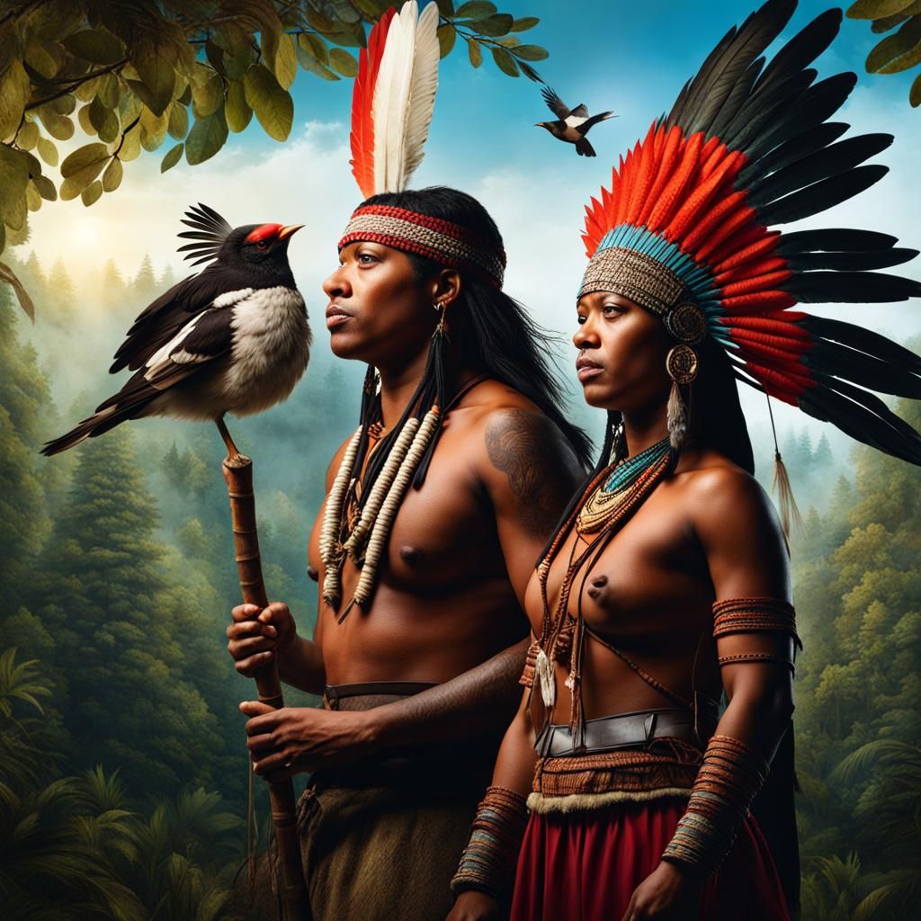 Indigenous Couple with Bows in Forest
