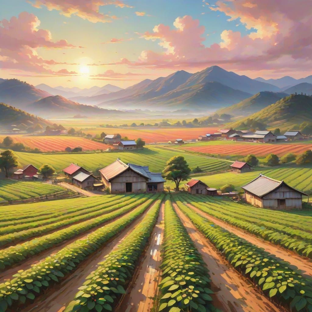 Impressionist Korean Strawberry Farm at Sunrise