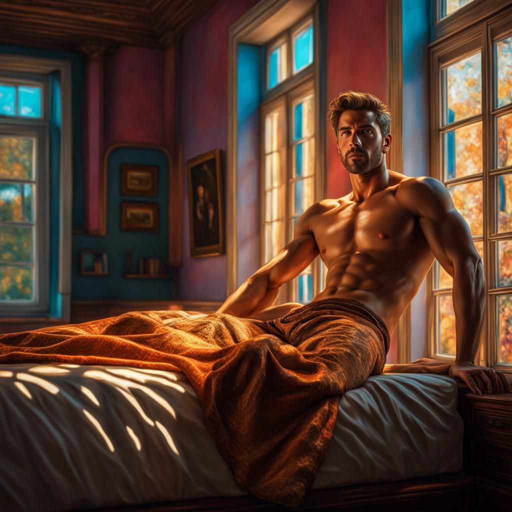 Man on Bed in Klimt-Inspired Expressionist Style