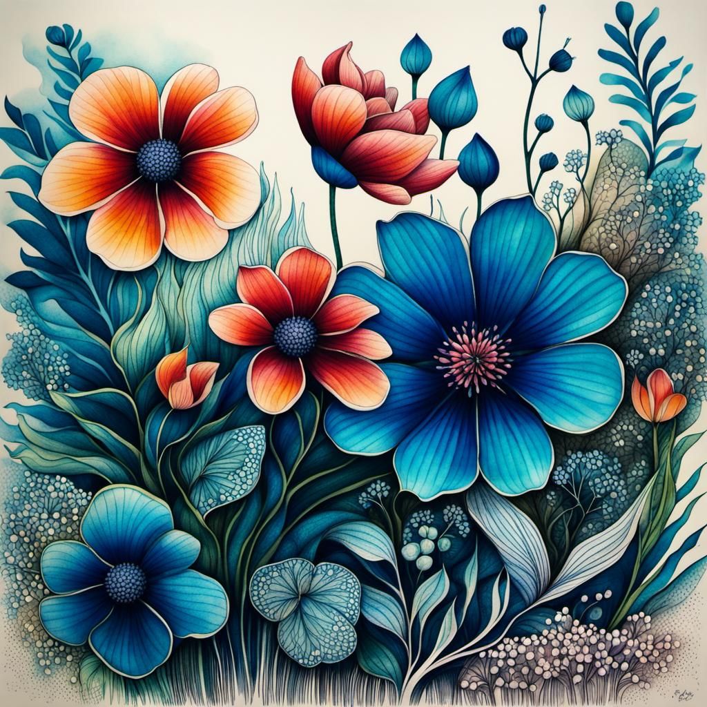 Detailed Ink Drawing of Aquatic Plants on Rice Paper