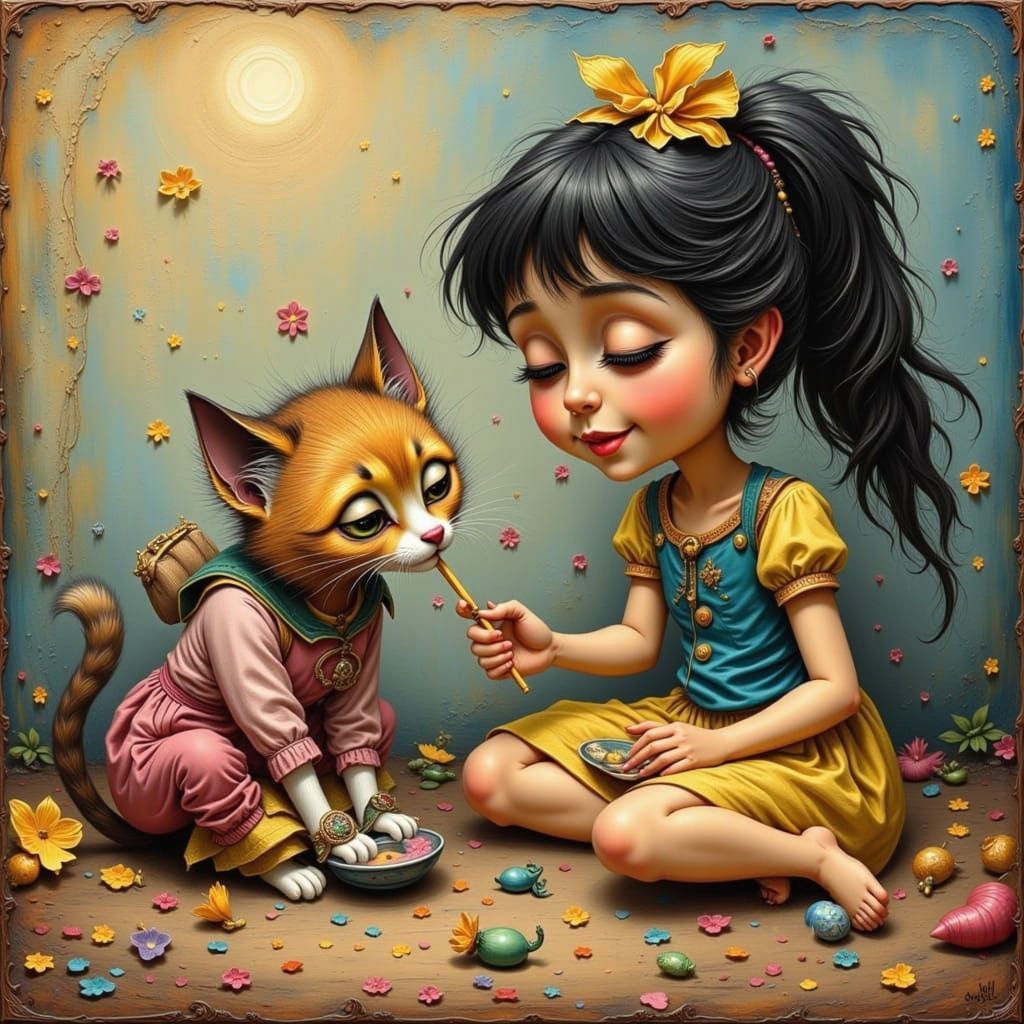 Girl and Kitten Playing in Impasto Style