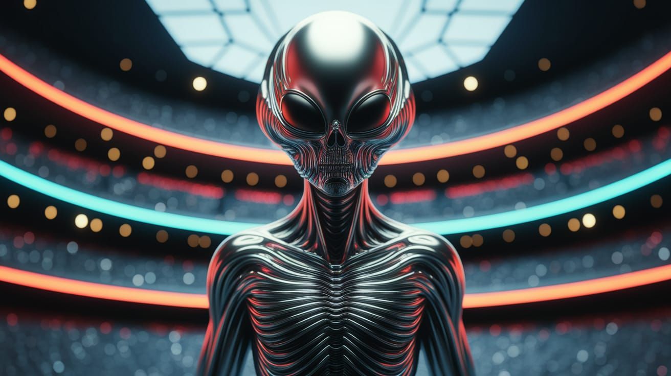 Surreal Ink on Silk Painting of Alien in Hostile Arena