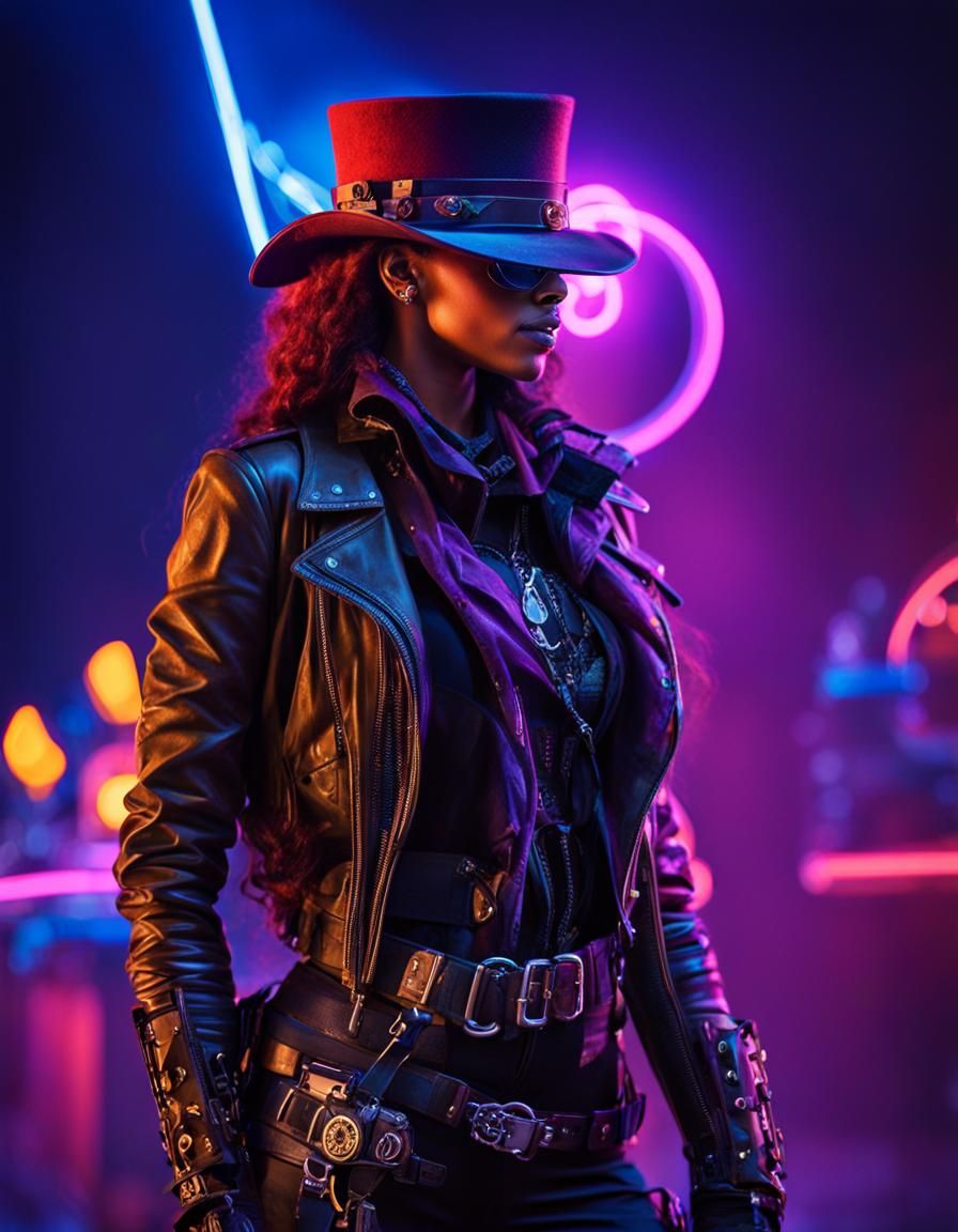 Steampunk Neon Portrait of a Bio-Mechanical Woman