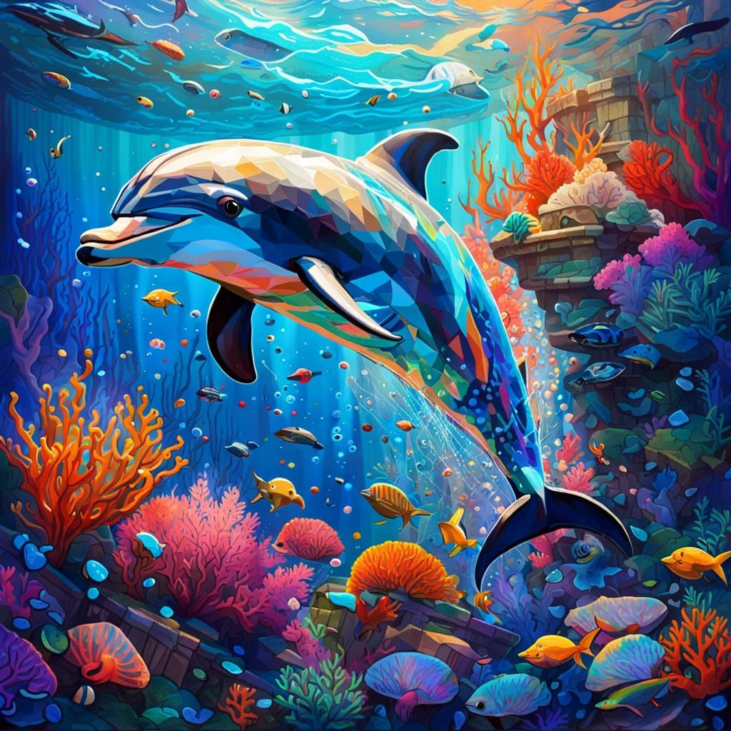 Mosaic Dolphin Leaping from Coral Reef