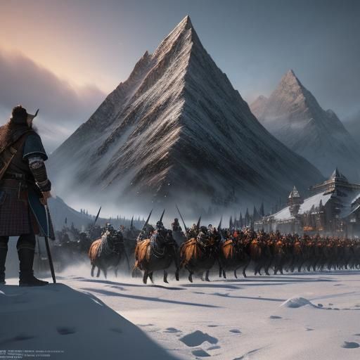 Viking Armies Clash in Snowy Mountain Landscape