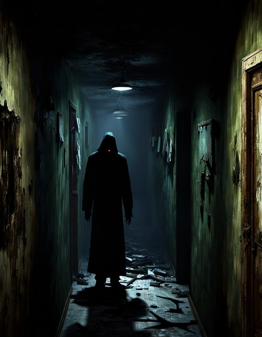 Dark Figure in Shabby Haunted Hallway