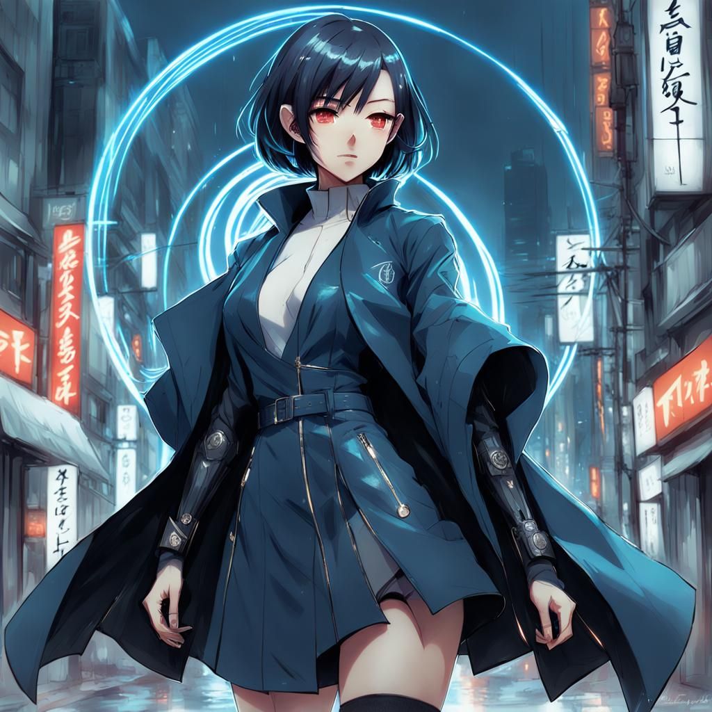 Cyberpunk Elf with Buzz Cut in Dark Cityscape