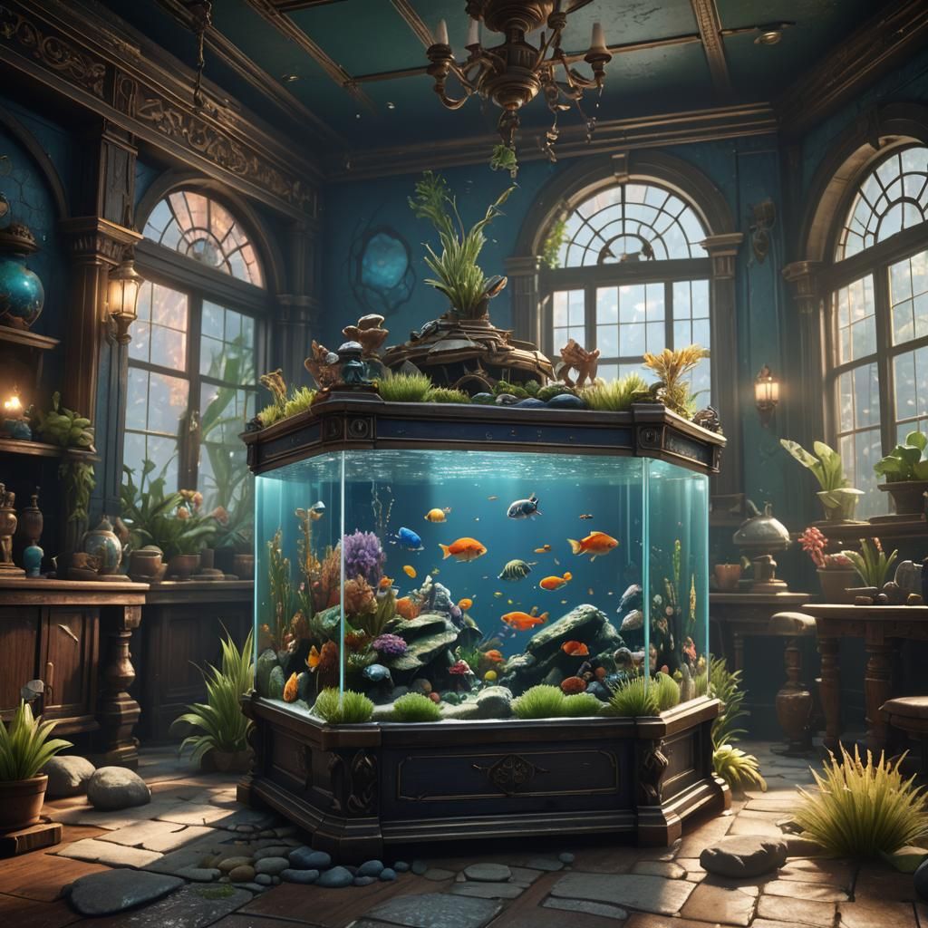 Intricate Fishtank Scene in Detailed Matte Painting