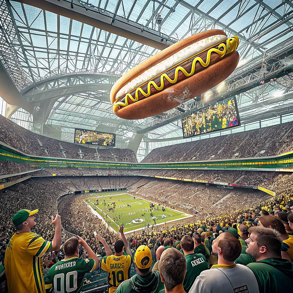 Hyperrealistic Stadium with Floating Hot Dog Blimp