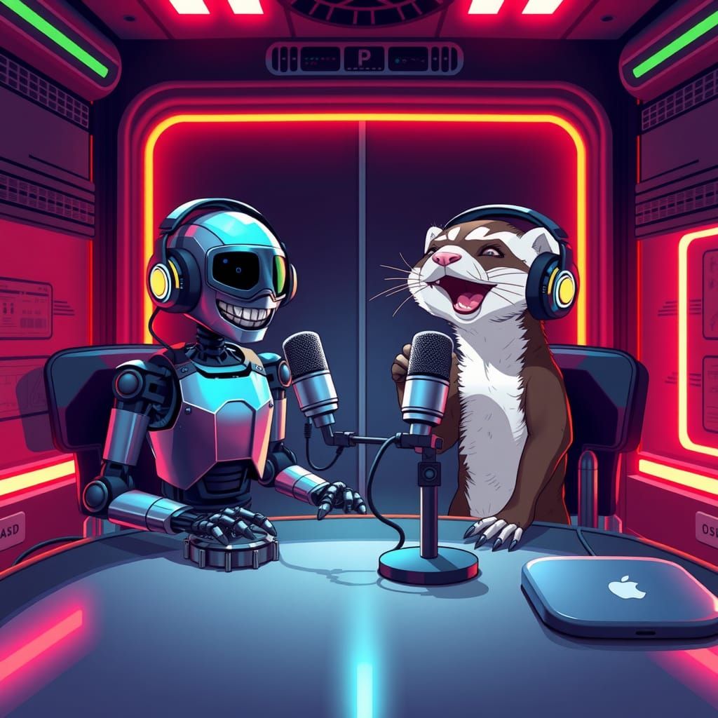 Robot and Ferret Podcast in Futuristic Style