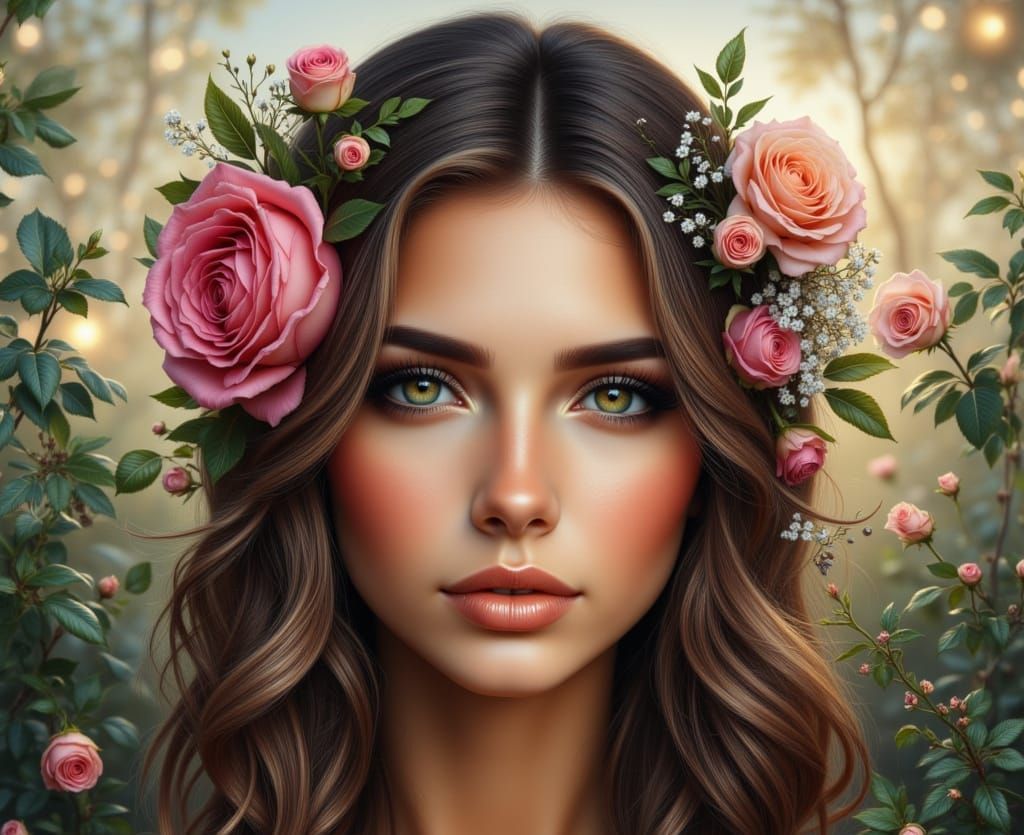 Bohemian Woman Portrait in Iridescent Hand Drawn Style