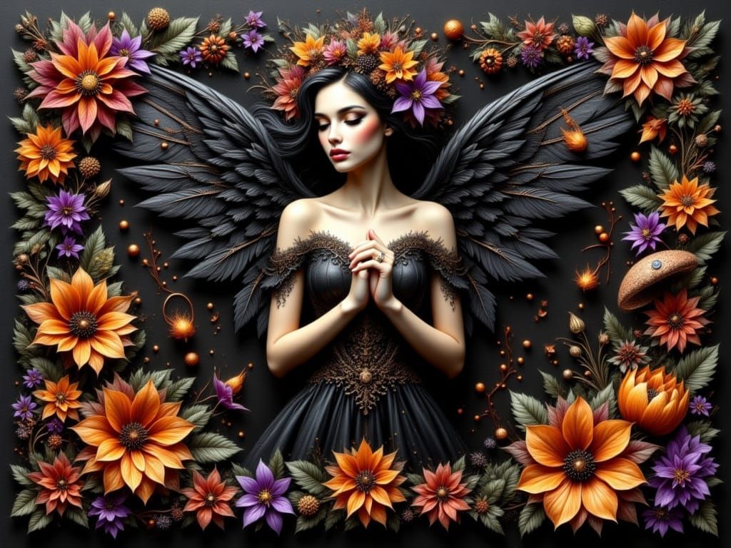 Baroque Halloween Angel With Exotic Flowers