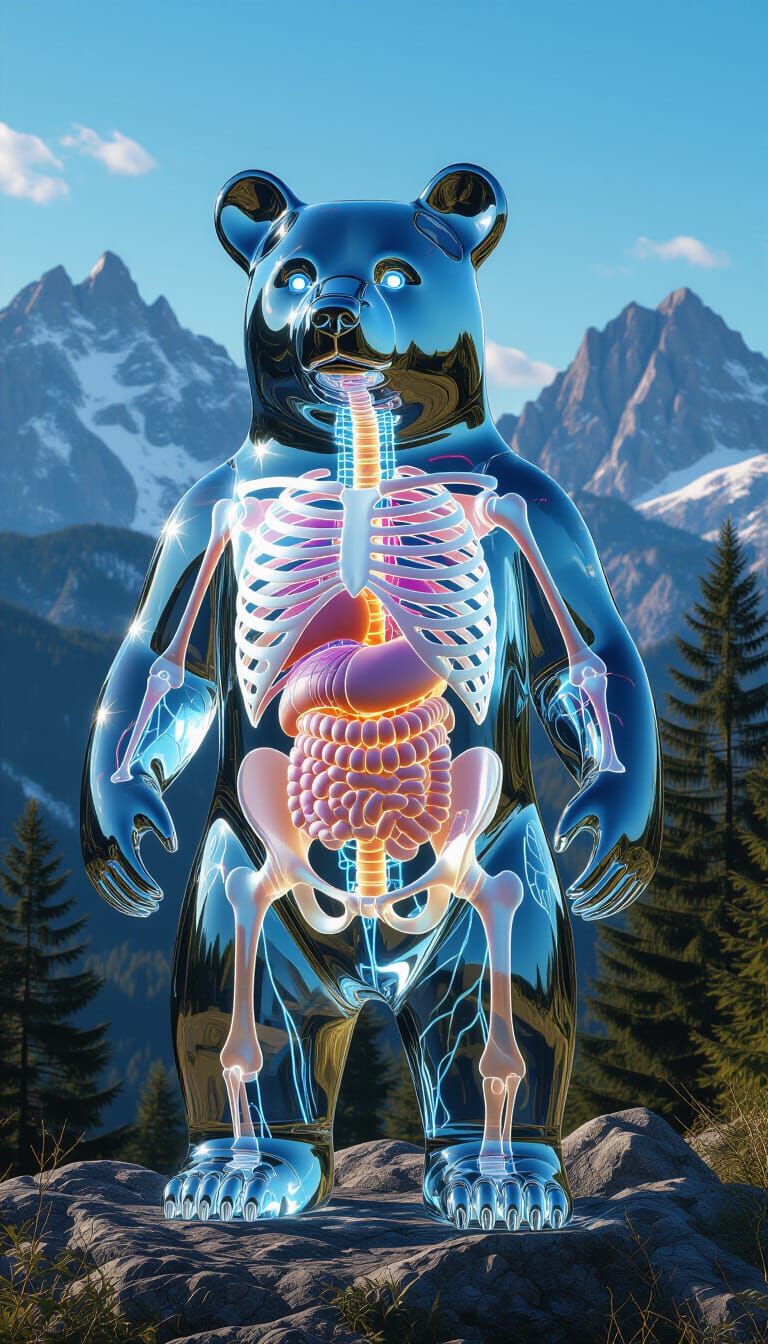 Crystal Bear with Glowing Anatomy in Ornate Style