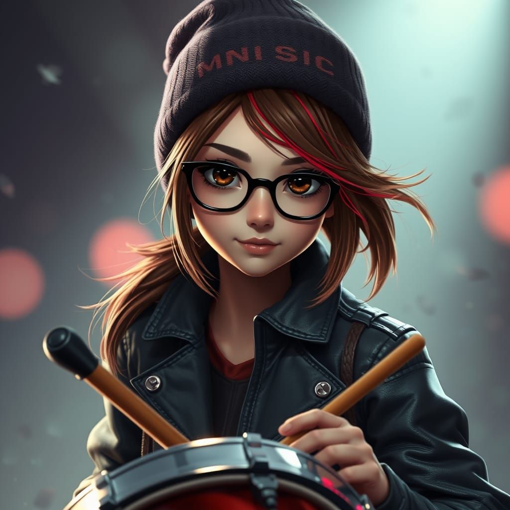 Brown-Haired Girl with Drumsticks in Fantastical World