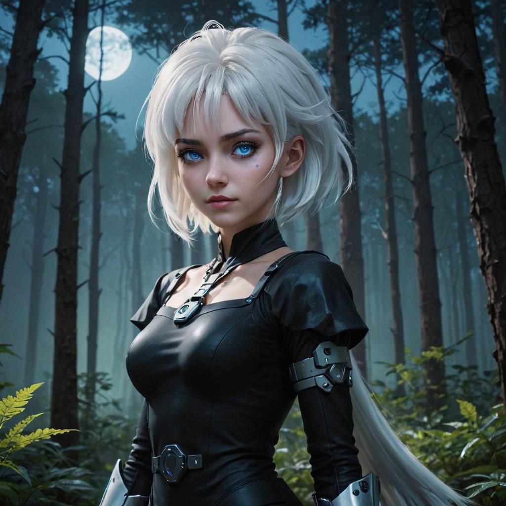 Cyberpunk Woman in Moonlit Forest Digital Art