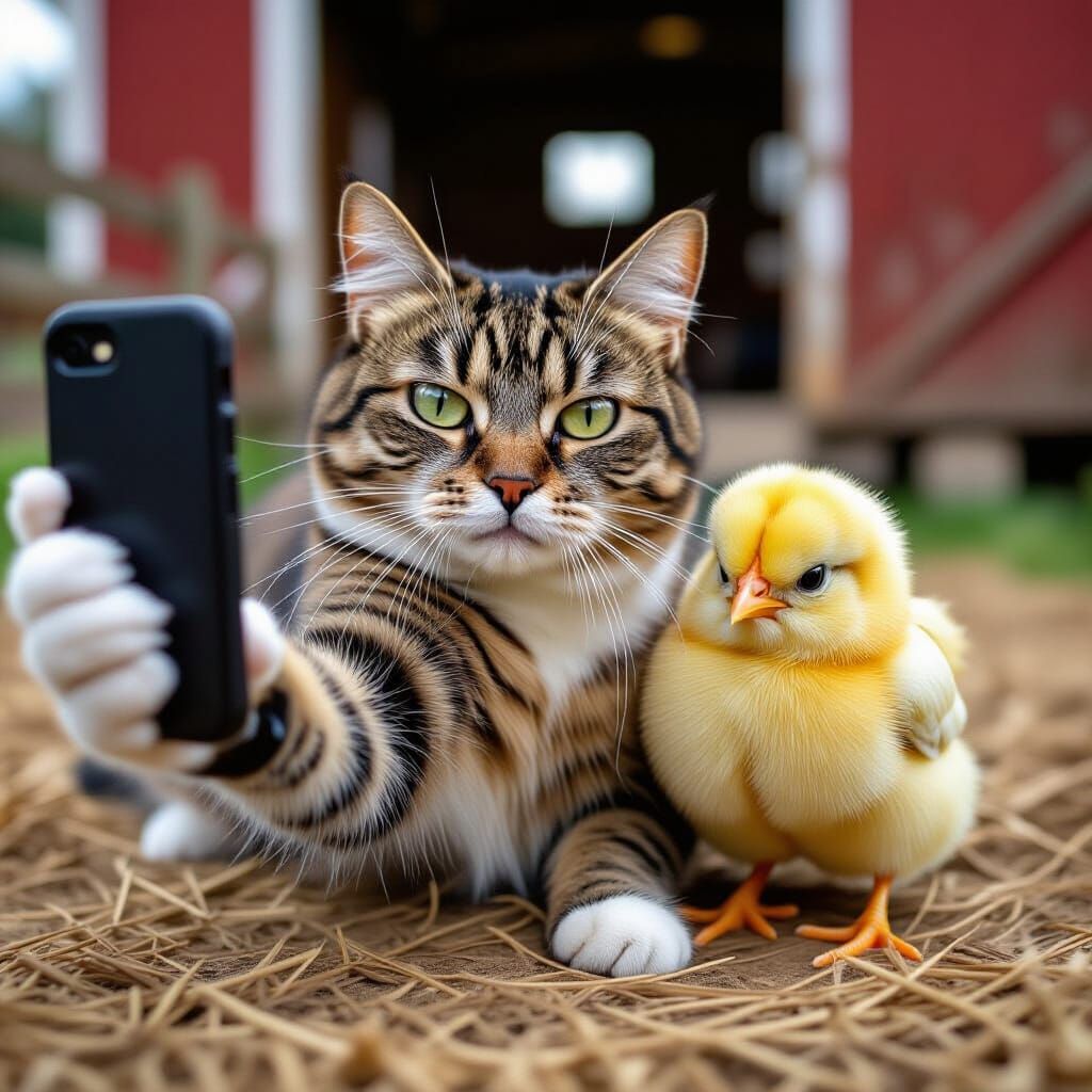 Cat Selfie with Grumpy Chick on Farm