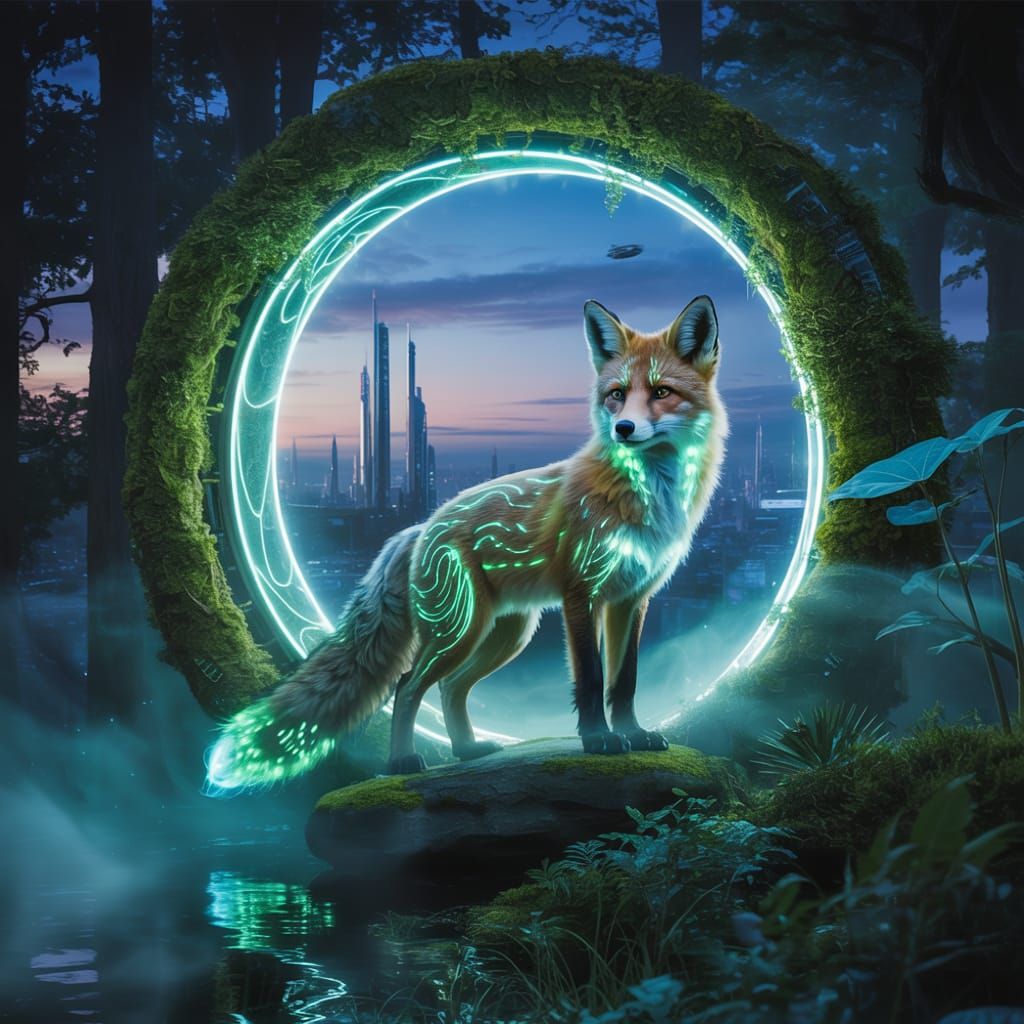Bioluminescent Fox Emerges from Portal to Cityscape