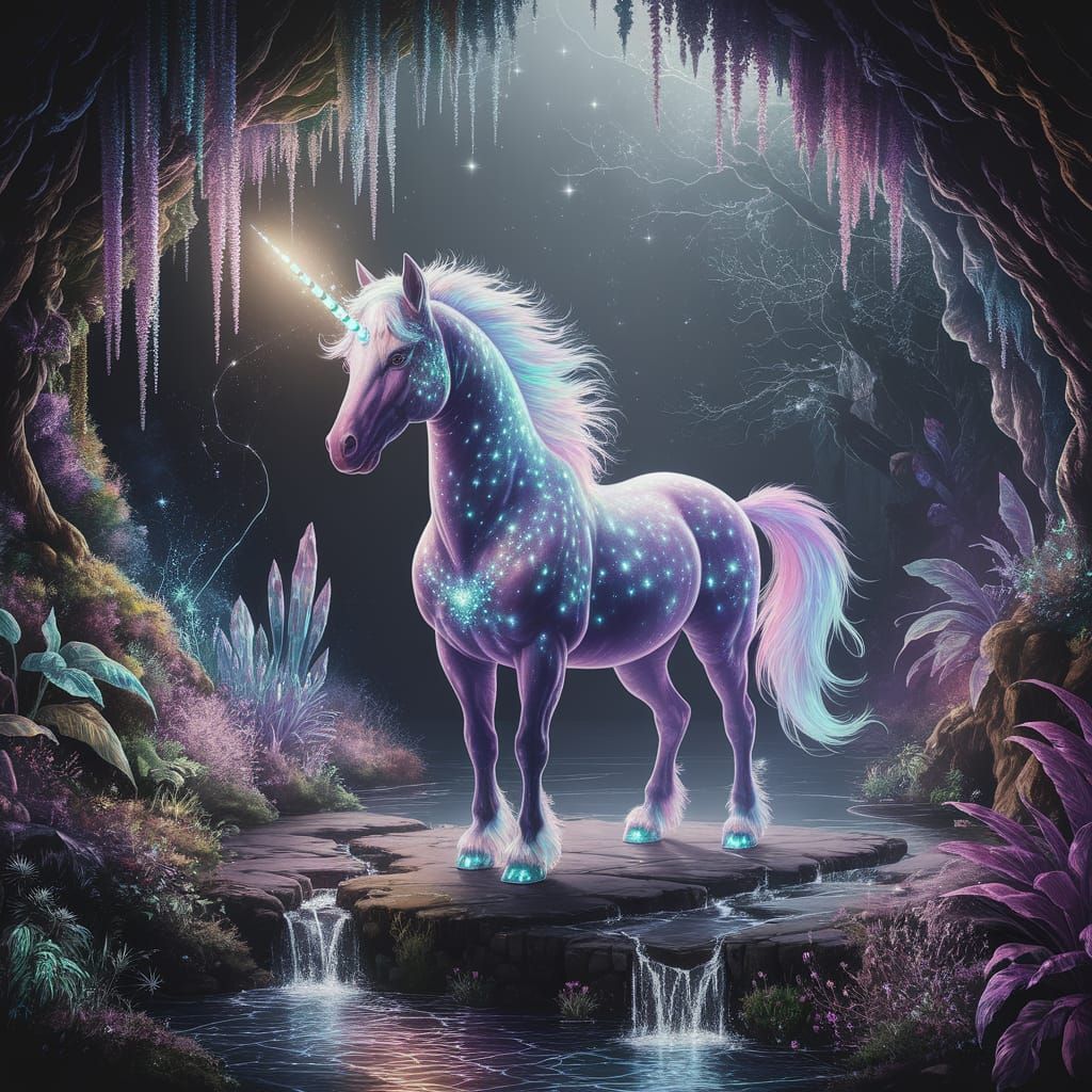 Bioluminescent Unicorn in Crystal Grotto