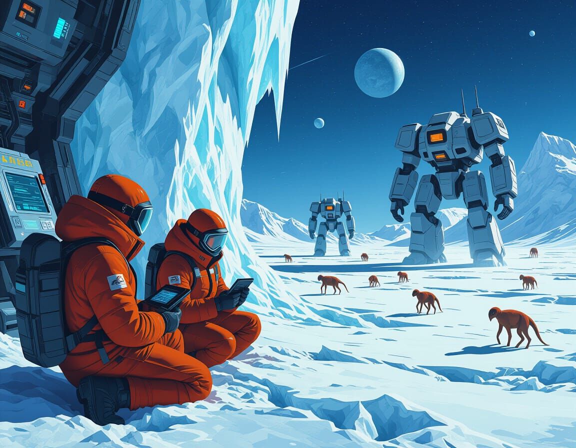 Icy Exoplanet Base with Scientists and Mechs