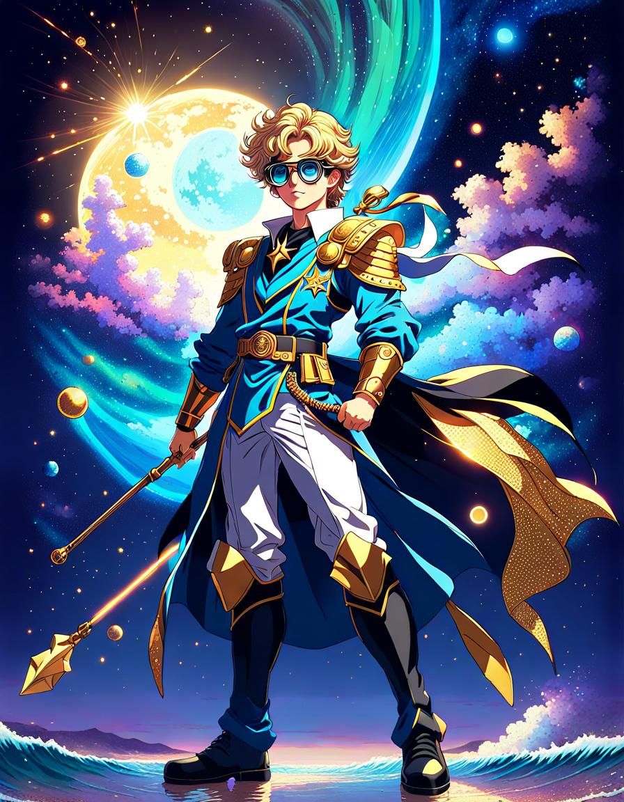 Anime Hero on Magical Beach with Cosmic Nebulae