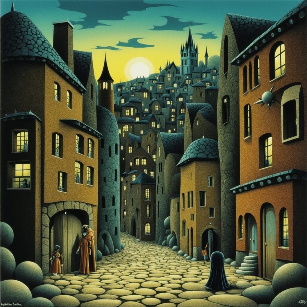 Eerie Townscape at Dusk in Syd Mead Style