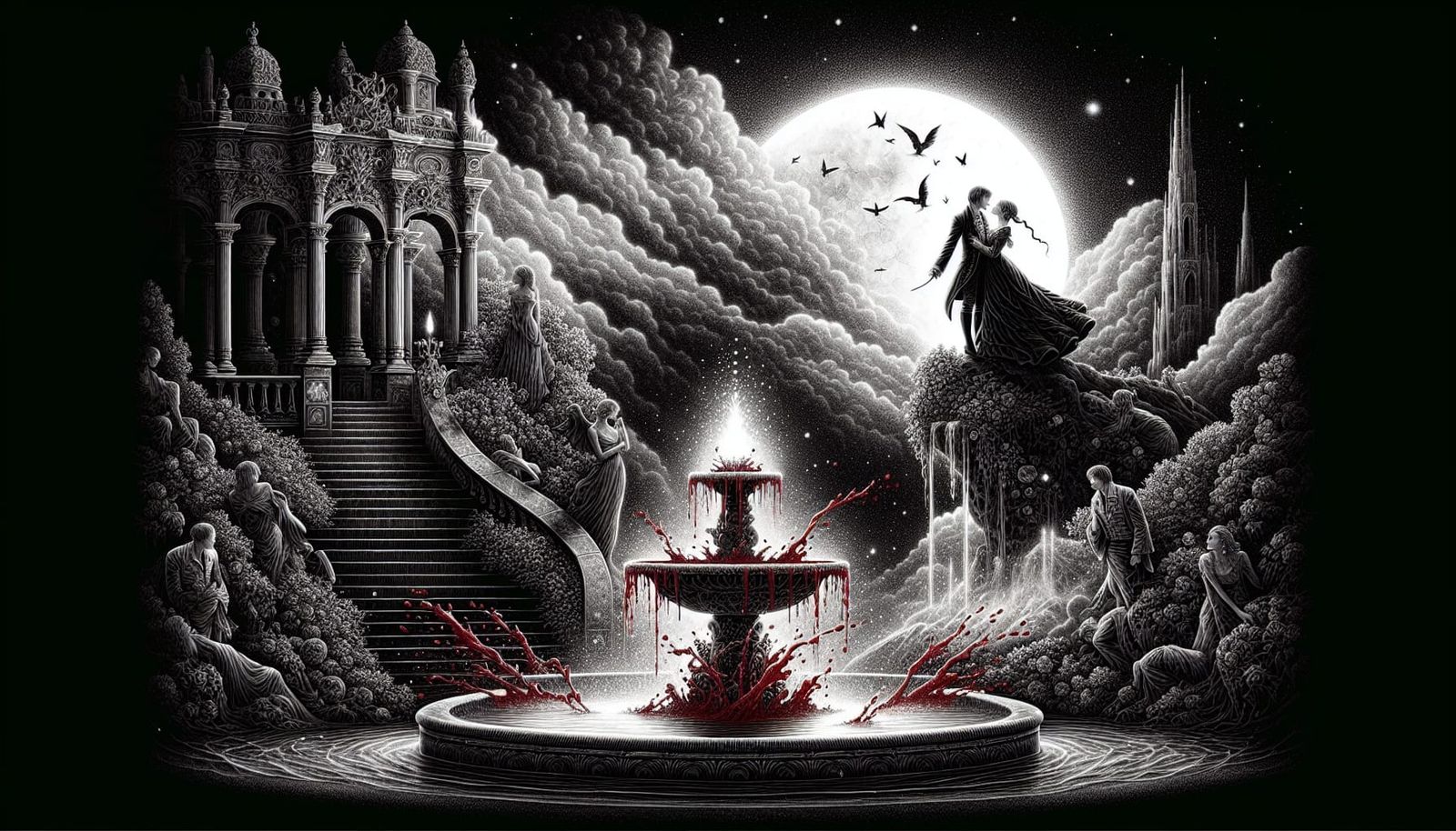 Vampire Lovers Embrace in Gothic Rococo Style