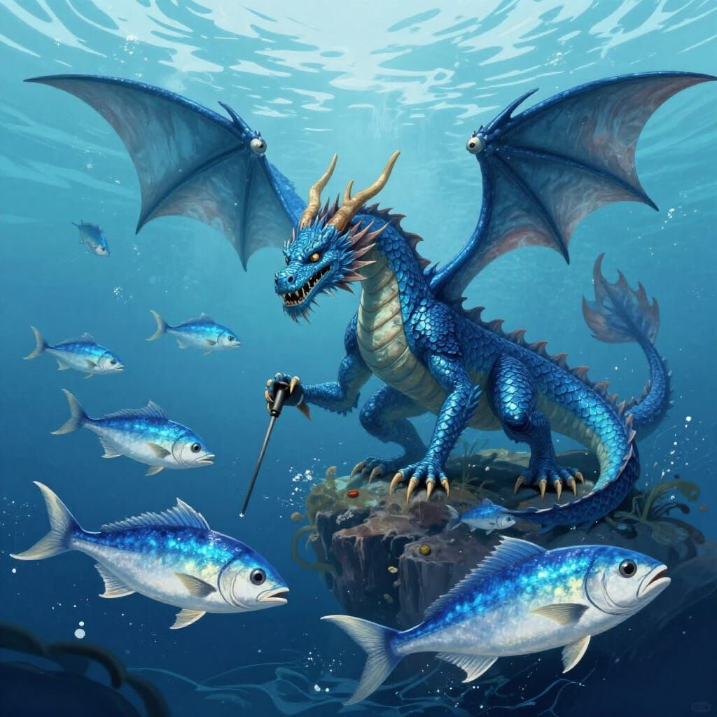 Blue dragon hunting blue fish in the blue sea, Surrealism style