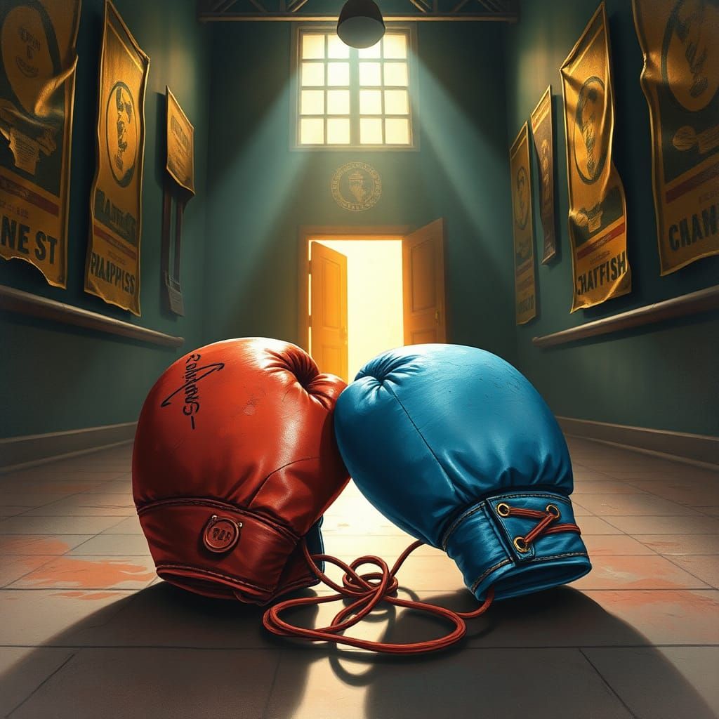 Vintage Boxing Gloves in Atmospheric Gym: Watercolor Illustr...