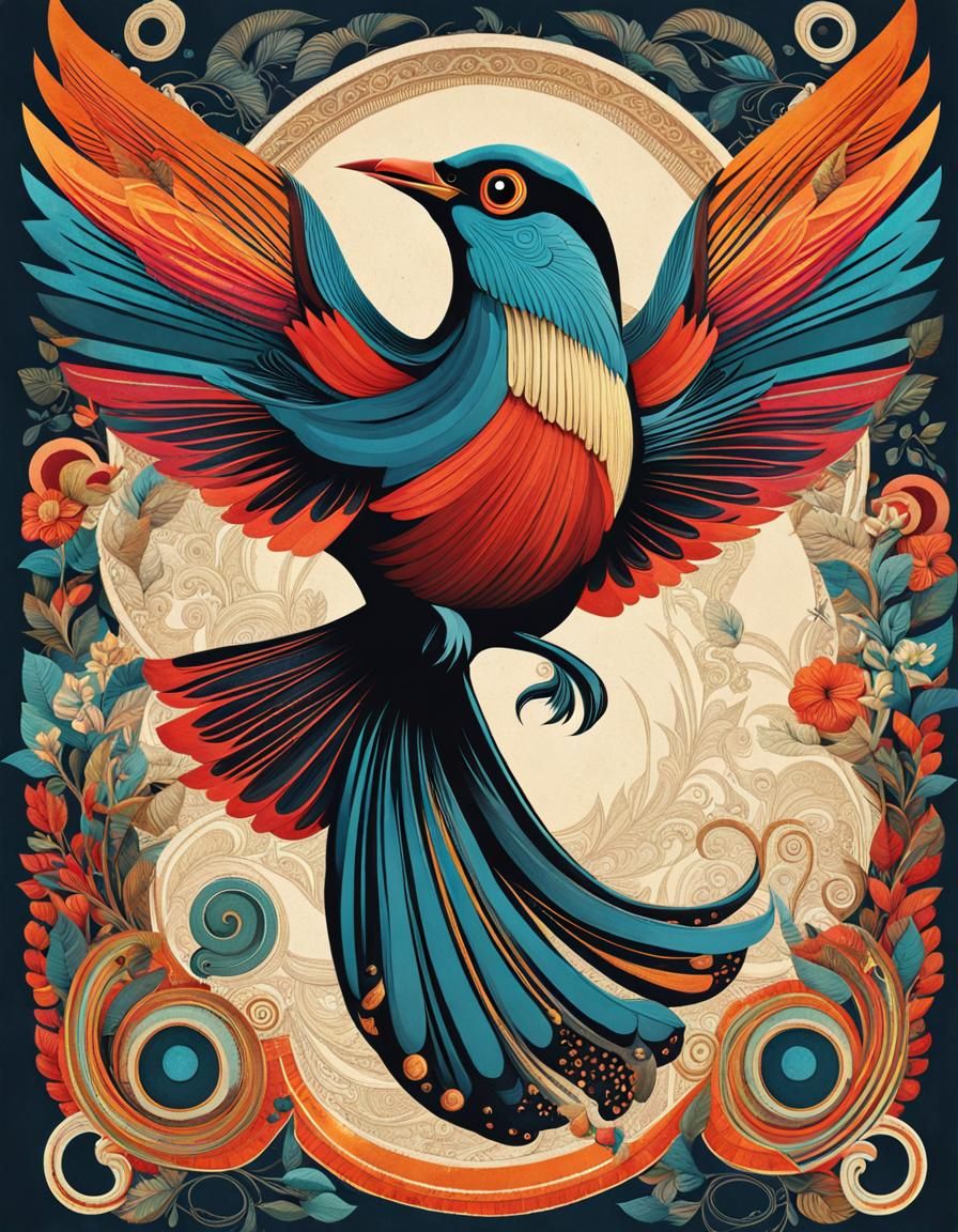 Stylized Bird in Flight: Retro Collage Art